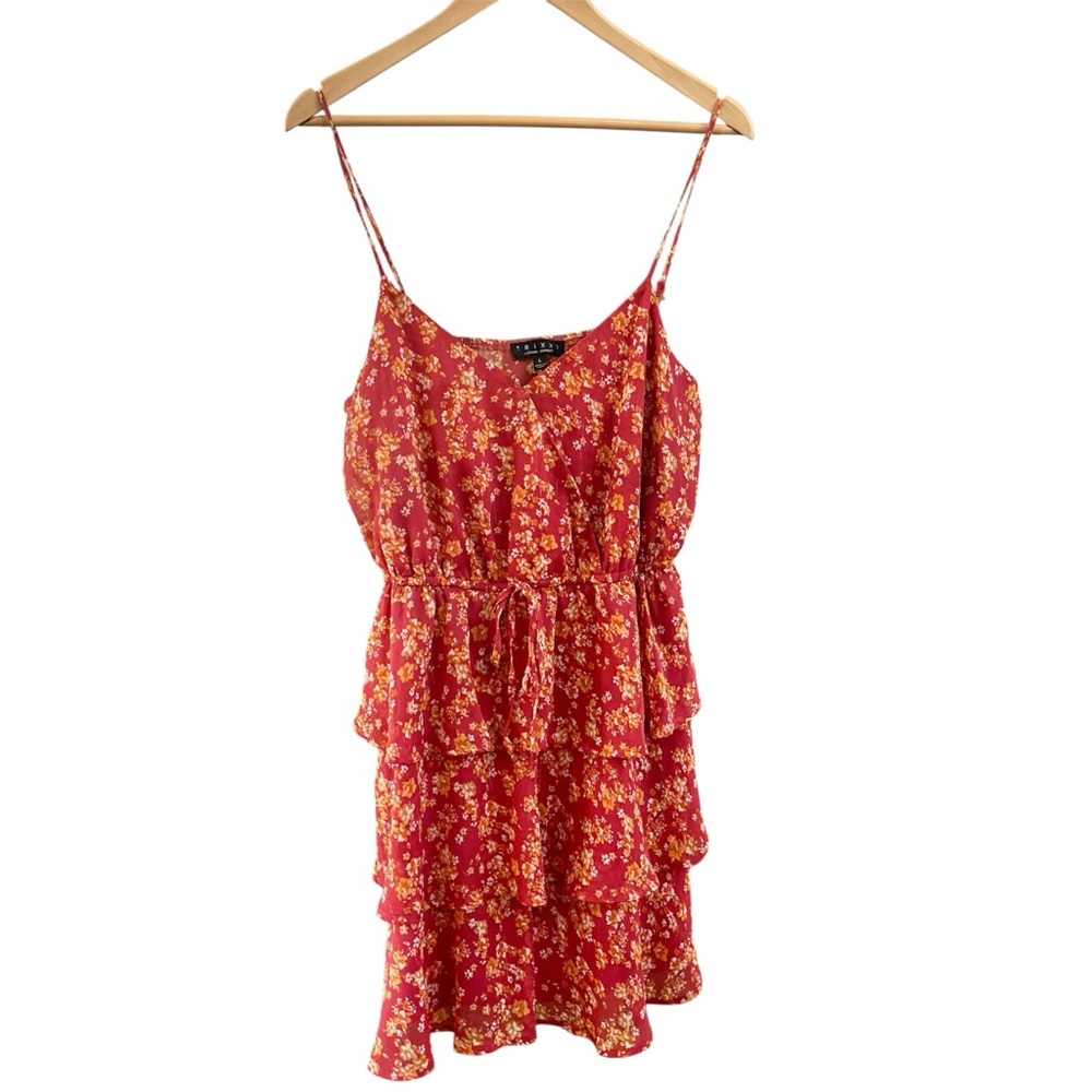 TRIXXI Red Floral Tiered Ruffle Mini Dress | Lurex Shimmer Boho Cottagecore L
